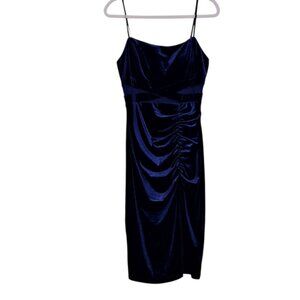 Whimsigoth Vintage Blue Velvet Midi Dress Large Bodycon Party Dress - Ruching